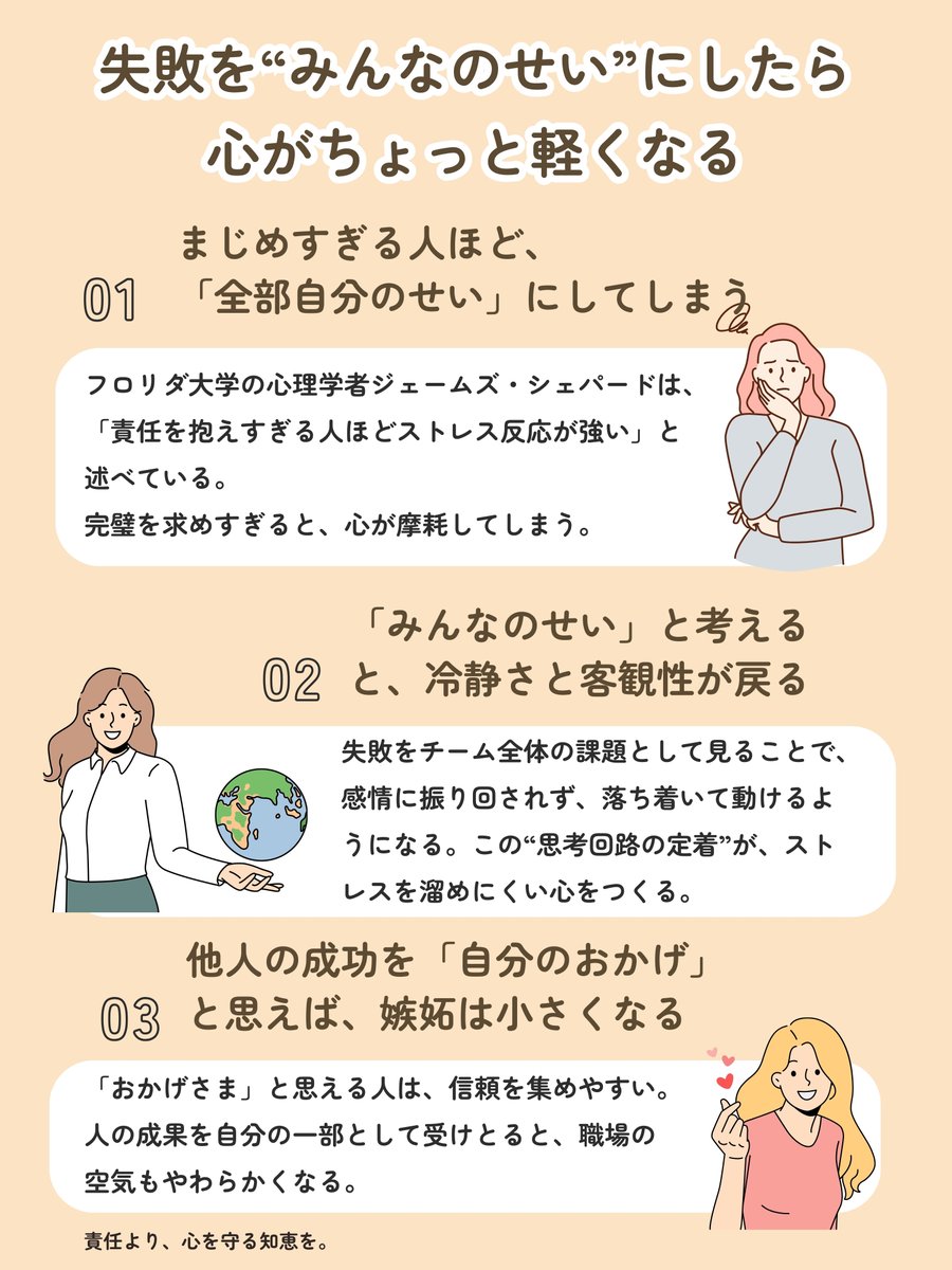まじめな人ほど、
全部自分のせいにしがち。
でも、「みんなのせい」と考えたほうが、
冷静さが戻ることもあります。
自分を守るのも、
立派な責任の取り方です😉
＃思考回路の定着