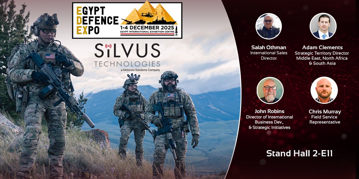 SilvusTech's tweet image. Visit Silvus at @visitedex, Egypt’s Leading Tri-Service Defence Exhibition. 

Connect with our team at Stand Hall 2-E11 to learn how StreamCaster #MANET radios powered by battle-proven MN-MIMO waveform deliver unmatched range, throughput and mesh network scalability across…