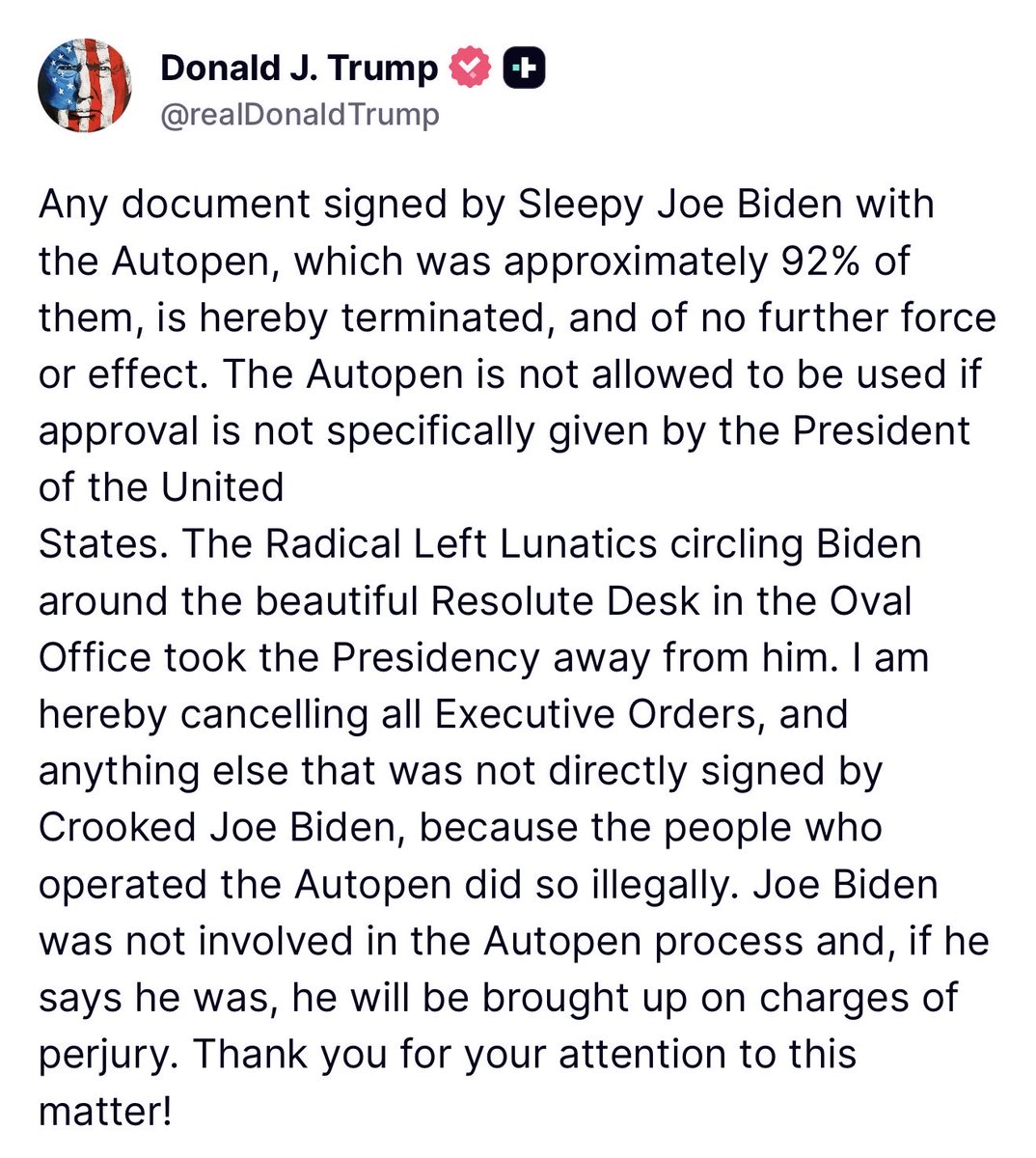 BREAKING Trump just announced every Document signed by Biden’s Autopen are terminated 🔥 

LET’S FREAKING GO