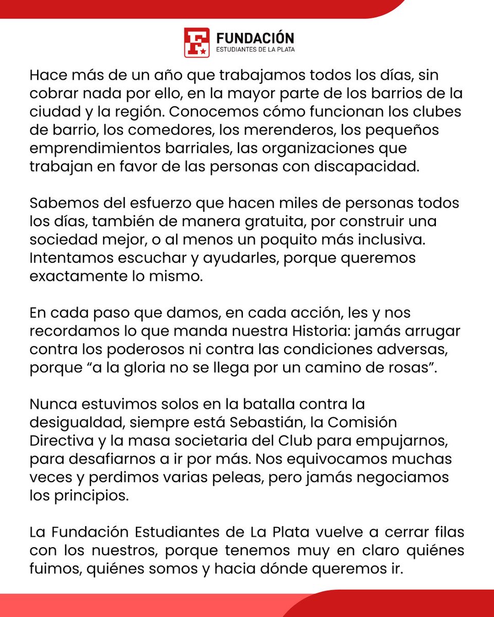 La Fundación Estudiantes de La Plata.
Un proyecto social sostenido por valores y convicciones.