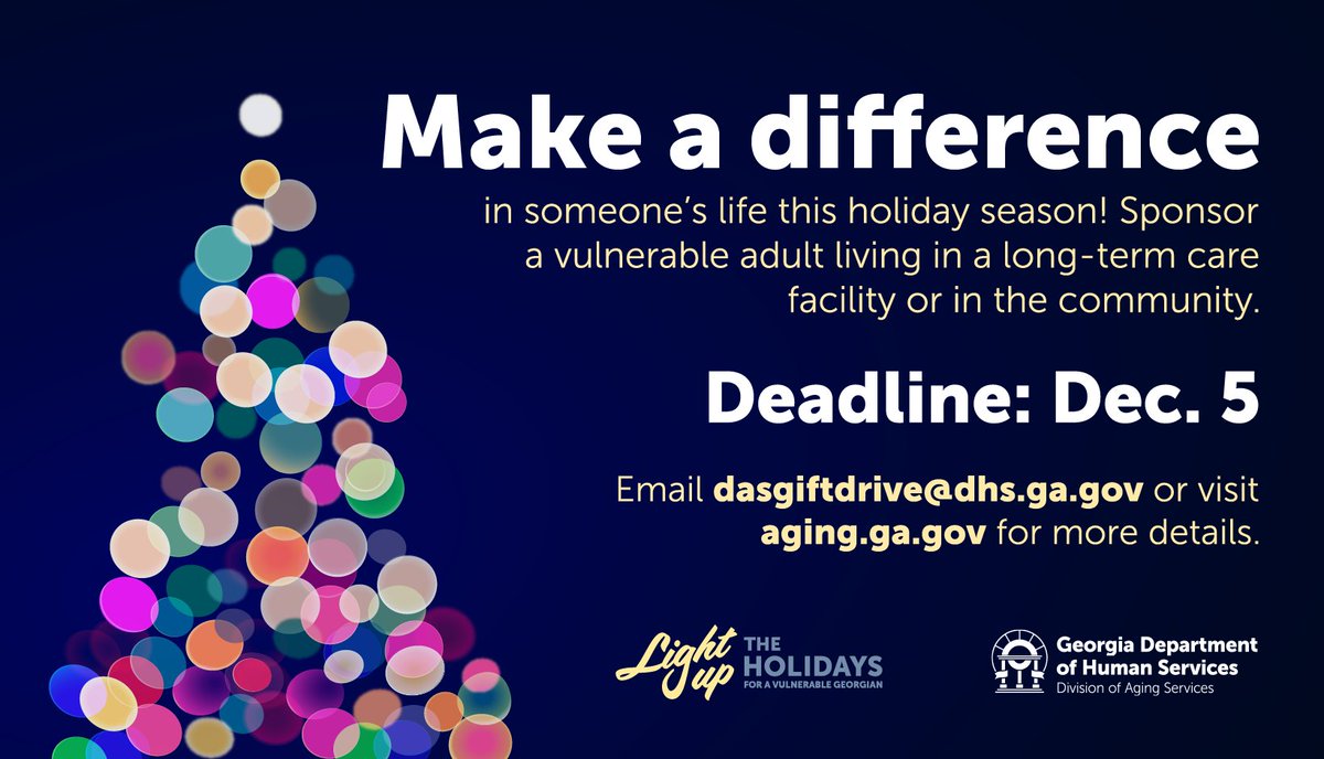 GaMemoryNet's tweet image. Black Friday alert! 🛍️ Use those deals to buy a gift for a Georgian in need! @gadhs Division of Aging Services is hosting a gift drive! Get involved and make the day of a Georgian living under guardianship by donating a gift or sponsoring a wish list! aging.georgia.gov/get-involved/l…