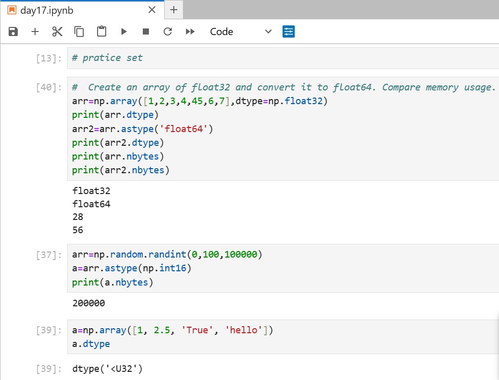 sh63425's tweet image. Day 17 — NumPy Data Types

Learned how NumPy handles data types today.
Checked dtypes, converted between float &amp;amp; int, and saw how memory changes with different types.
Crazy how much performance depends on choosing the right dtype 
#100DaysOfDataScience #NumPy #LearningInPublic