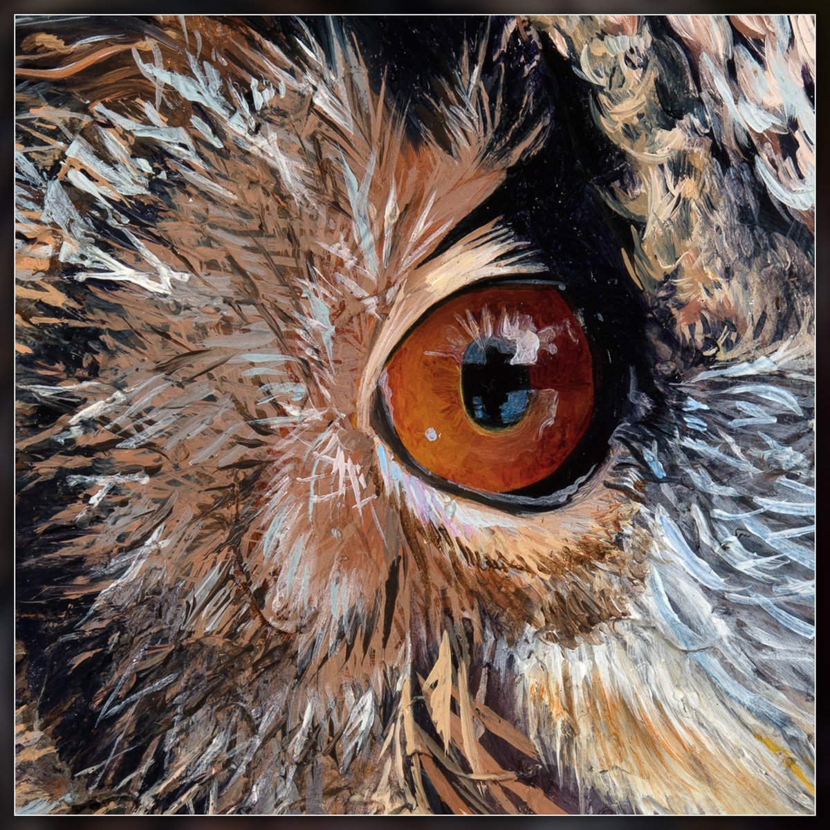 RichterAllison's tweet photo. Ever feel connected to an animal? Owls do that for many people. Reflected Intensity is my 8x8 eagle owl oil painting inspired by a real rooftop encounter. 

Only one exists.
https://t.co/tcYAr0xSAa

#EagleOwl #WildlifeArt #BirdPainting #OriginalOilPainting #RaptorArt https://t.co/WXsKwboVf0