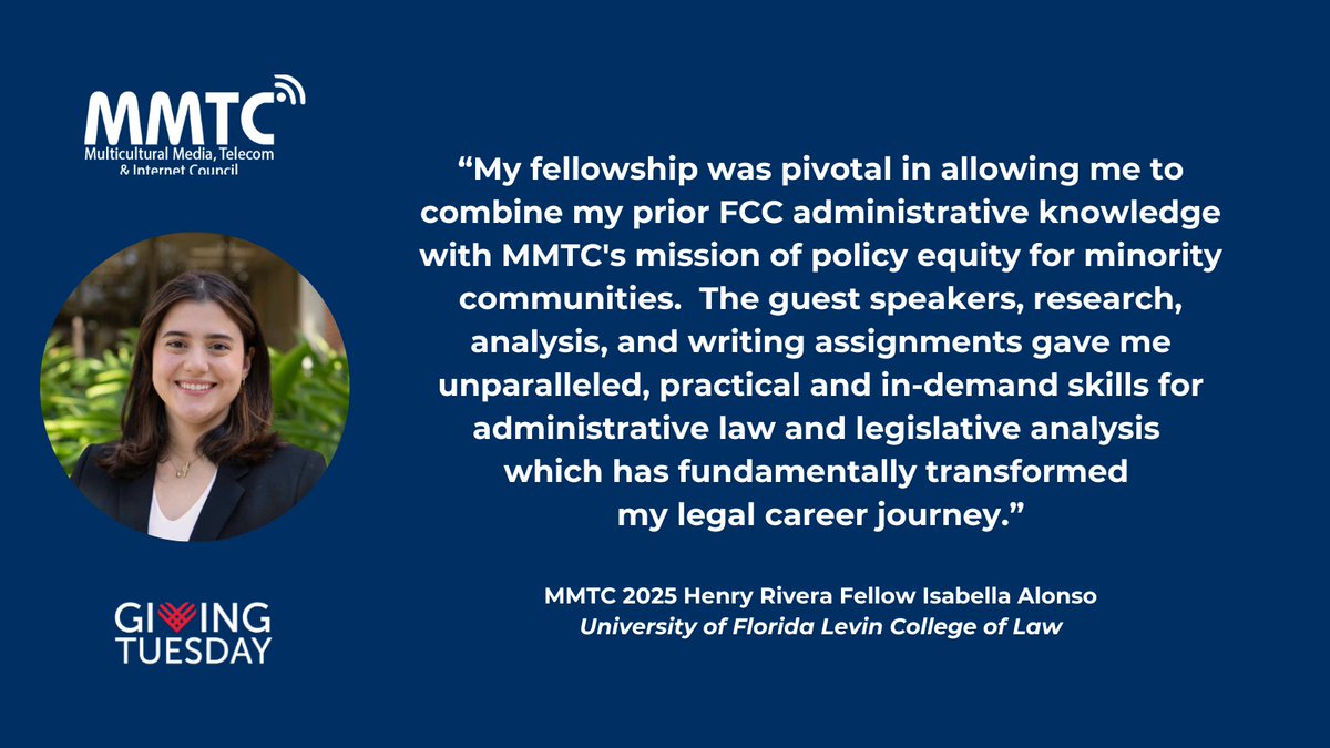 mmtconline's tweet image. Learn about the fellowship experience of Isabella Alonso, MMTC 2025 Henry Rivera Fellow, a 3L @UFLaw.

On Dec.  2, we&apos;re celebrating #GivingTuesday.

Help us train more students in 2026 by becoming our #GivingTuesday partner today!

DONATE: mmtconline.org/support-mmtc