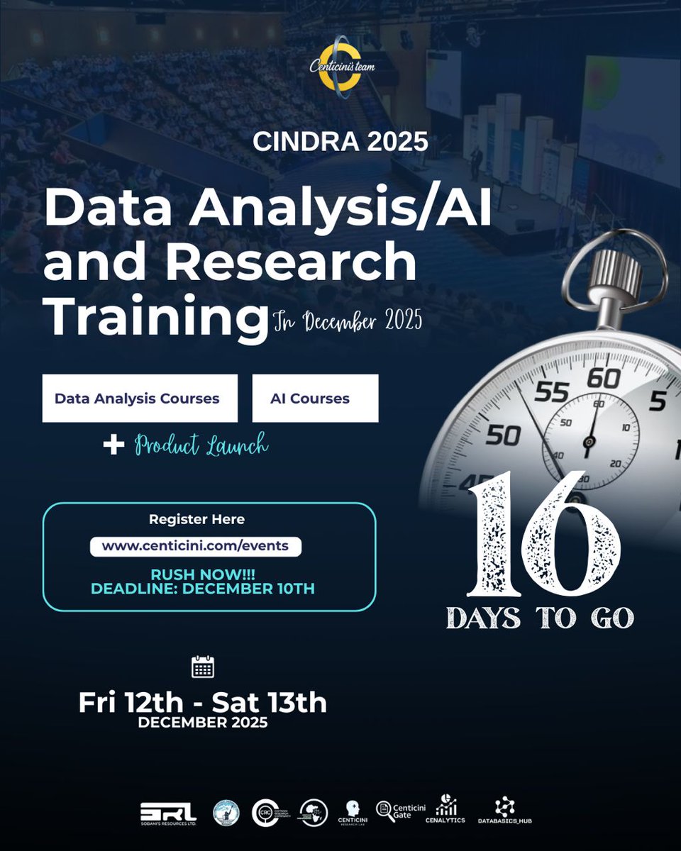 centiciniteam's tweet image. 🔥 16 DAYS LEFT!
CINDRA 2025 → Data &amp;amp; AI Training + Product Launch

Register: centicini.com/events
Pay: 1028332685 (Centicini Team LTD – UBA)
Send receipt: Info@centicini.com

🗓️ Dec 12–13, 2025
#Cindra2025 #AI #DataAnalysis #TechEvent