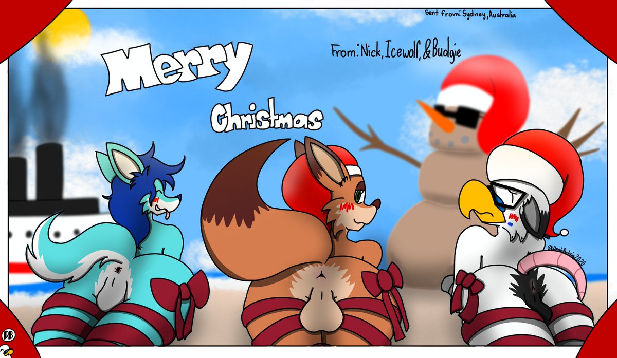 2/4 season summer on the beach ausse style. 
character icewofl: left nickwilde: middle budgie: right 

thx <a href="/BudgieDank/">DankBudgie2020- budgiedank.bsky.social 🔞</a> for making it can't wait see what winter and spring look like.

<a href="/Icewolf2001/">Wolfboi</a> what you think?