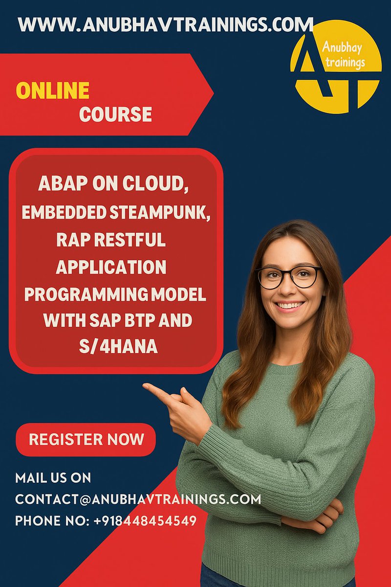 diyagar09350601's tweet image. 🚀 Master ABAP on Cloud (AOC) with Anubhav Trainings!
Want to upgrade your SAP career with the latest cloud-ready skills?
        anubhavtrainings.com   
📩 contact@anubhavtrainings.com
#ABAPonCloud #AOC #SAPTraining #AnubhavTrainings
