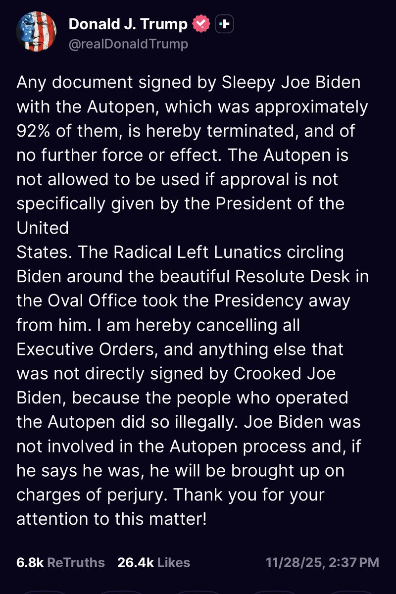 LoomerUnleashed's tweet image. President Trump: “Any document signed by Sleepy Joe Biden with the Autopen, which was approximately 92% of them, is hereby terminated.”