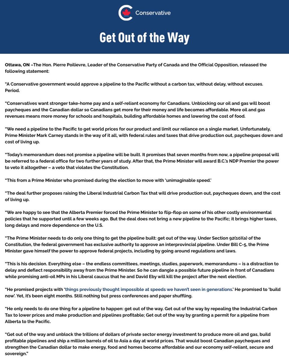 RachaelThomasAB's tweet image. Carney vowed to move faster than any Prime Minister before him. His Alberta deal may surpass Trudeau’s record, but it still doesn’t go far enough.

Conservatives worked with the Liberals to pass C-5 so projects could start now. Instead, Carney’s deal sets a timeline somewhere…