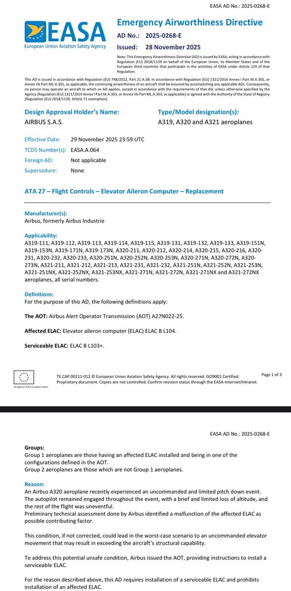 AdityaRajKaul's tweet image. #BREAKING: Airbus has requested immediate precautionary action from all A320 operators to implement a software update to ensure their fleet is safe to fly.

Analysis of a recent event involving an A320 Family aircraft has revealed that intense solar radiation may corrupt data…