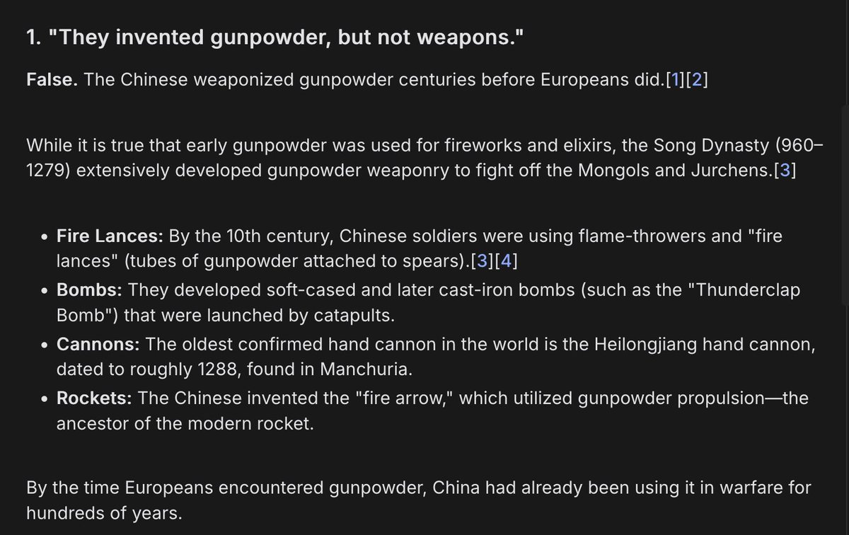 > 그들은 화약을 발명했지만 무기는 발명하지 못했습니다.
이 신화가 어디서 유래했는지 궁금하네요. 중국은 유럽처럼 화약을 무기화하는 데 완전히 혈안이 되어 있지는 않았지만, 독자적인 화기/포병 체계를 갖추고 있었습