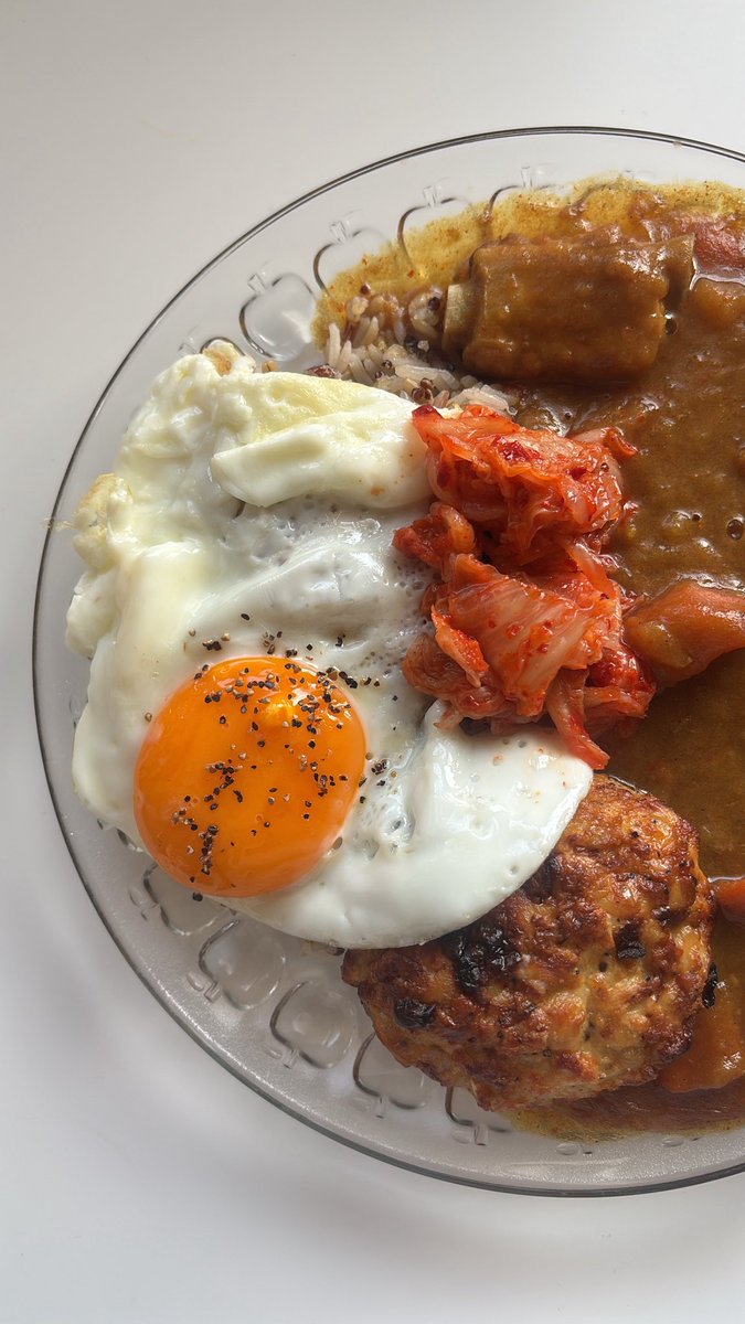 Japanese curry, kimchi, chicken hamburg steak and fried egg for lunch!