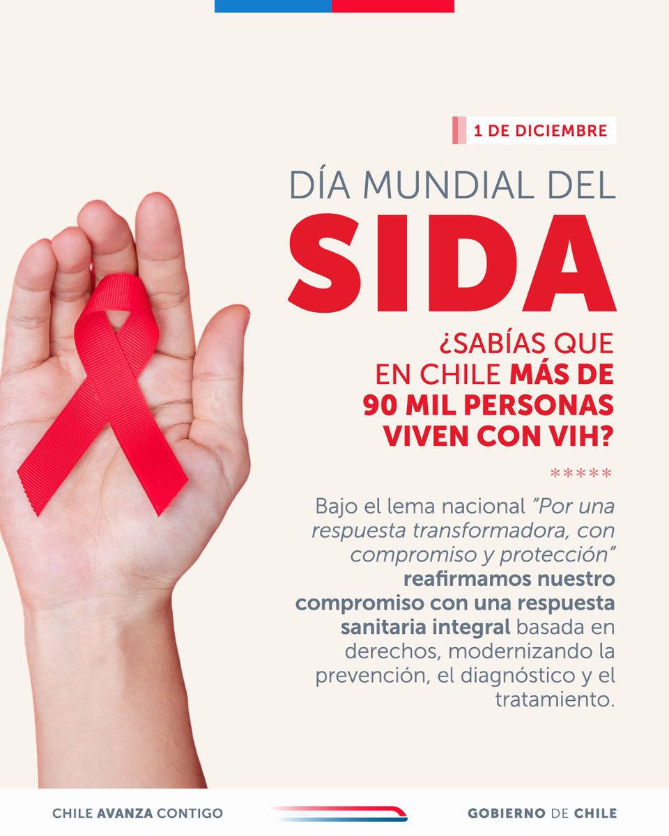 #DíaMundialDelSida

En Chile, más de 90 mil personas viven con VIH y 86 mil conocen su diagnóstico.
Hablar de VIH es hablar de derechos, prevención y acceso a tratamientos que salvan vidas.🙌🏼