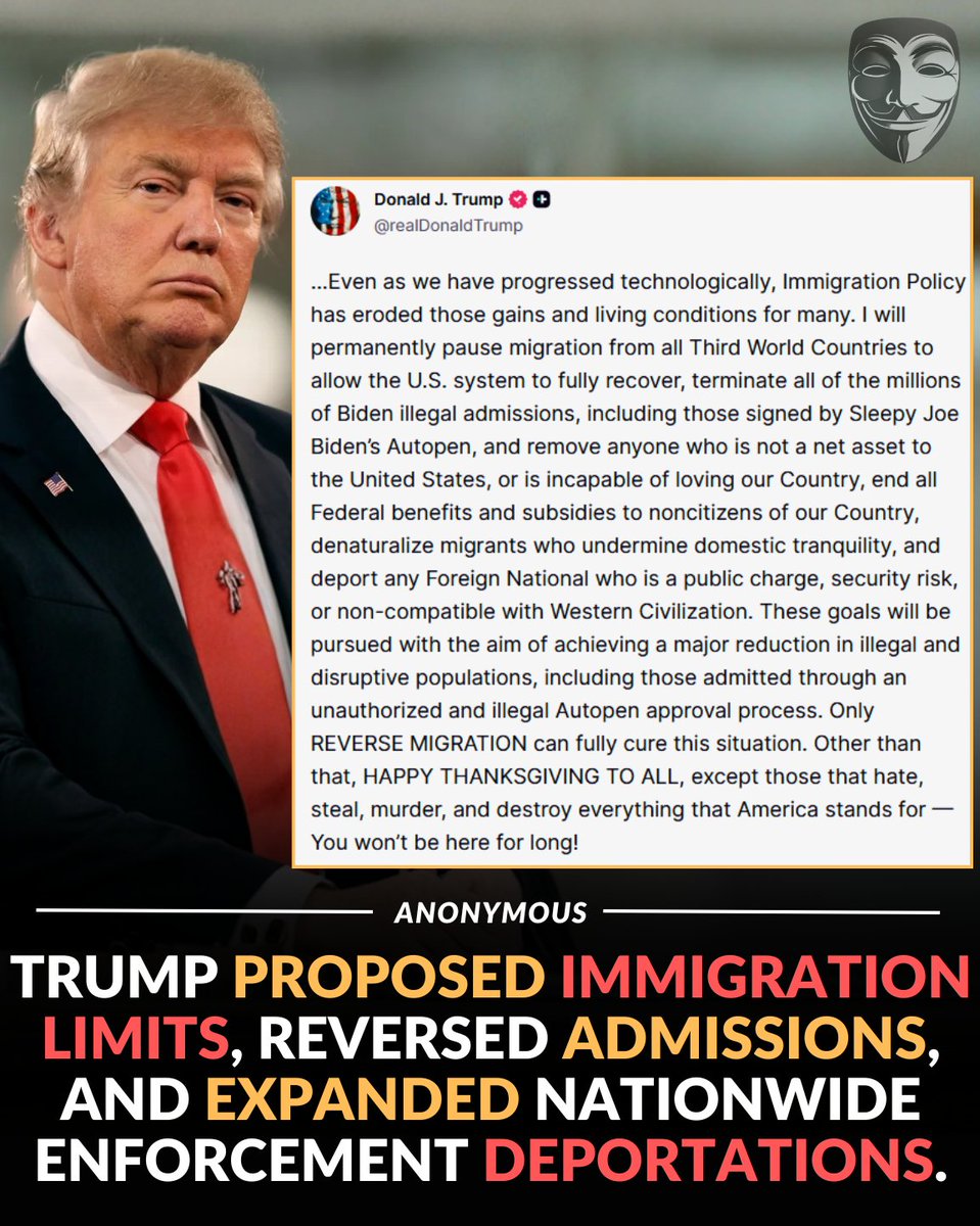 anonymousgroupx's tweet image. 🚨 BREAKING: Trump announced he will permanently pause migration from all Third World Countries.

Former President Donald Trump issued a new statement focused on immigration policy, calling for what he described as a permanent pause on migration from what he termed “Third World…