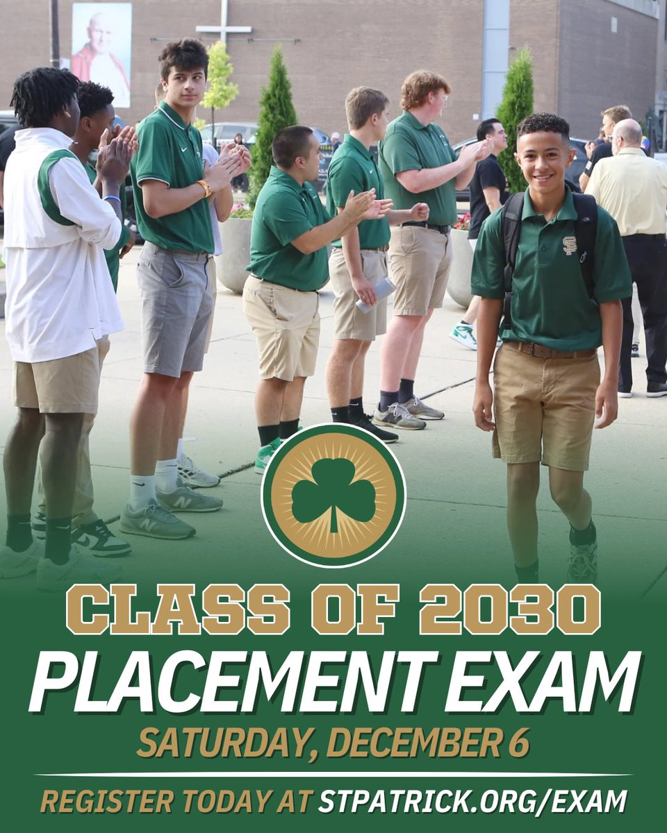 SaintPatrickHS's tweet image. The Class of 2030 Placement Exam is next Saturday, December 6, and we’re excited to welcome the next strong class of Shamrocks to 5900 W. Belmont. ☘️ 

If you cannot attend on December 6, a make-up exam will be offered on Saturday, December 13, but we strongly encourage families…
