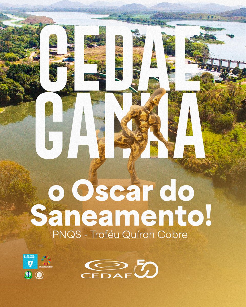 🎙️ E o Oscar vai para… Cedae! Sim, a Companhia conquistou, pela primeira vez, o Prêmio Nacional da Qualidade em Saneamento, considerado o Oscar do saneamento no Brasil! 

Ganhamos o troféu Quíron Cobre, na categoria “As Melhores em Gestão no Saneamento Ambiental (AMEGSA)”. 🏆