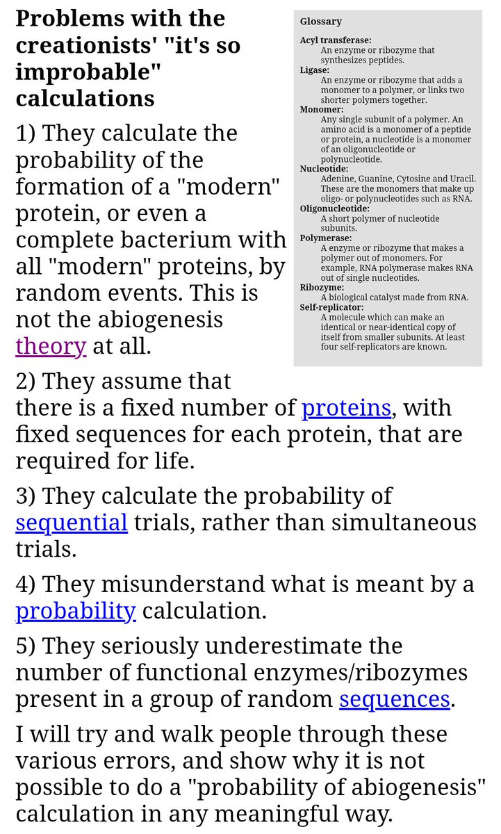 AdamDia01's tweet image. Desde la simple interacción de partes mas pequeñas y principios básicos que determinen esas interacciones. También hay un mal entendimiento sobre la probabilidad, porque calculan la probabilidad secuencialmente y no simultáneamente:
talkorigins.org/faqs/abioprob/…