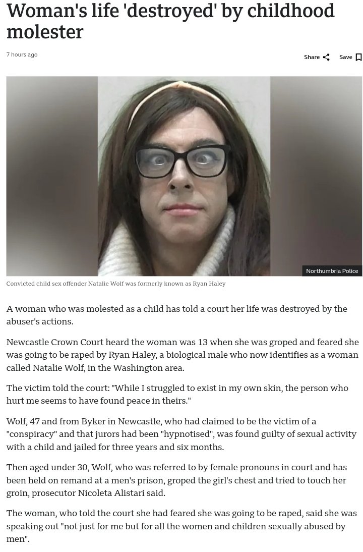 From a Victim Impact Statement

"Ryan Haley wants everyone to know him as Natalie Wolf, in my eyes he is Ryan Haley, the man who sexually abused me."

The beast who ruined her life was referred to as she &amp; her in court.
#TransWomenAreConMen 🏳️‍⚧️
