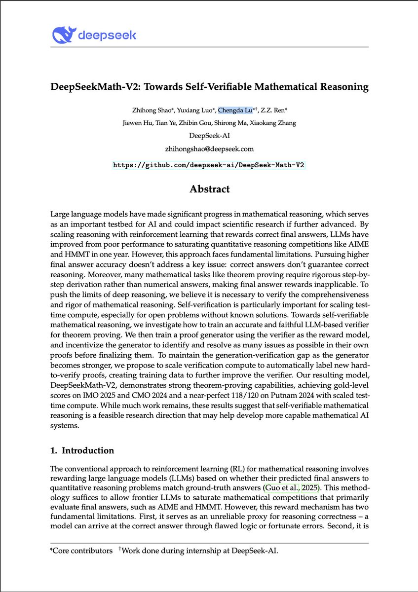 rustemphd's tweet image. I’m reading DeepSeek’s new paper and it’s wild.

Everyone keeps trying to brute-force reasoning with bigger models and more RL… meanwhile DeepSeek just showed the real bottleneck isn’t model size -- it’s verification.

They built a system where the model doesn’t just solve…
