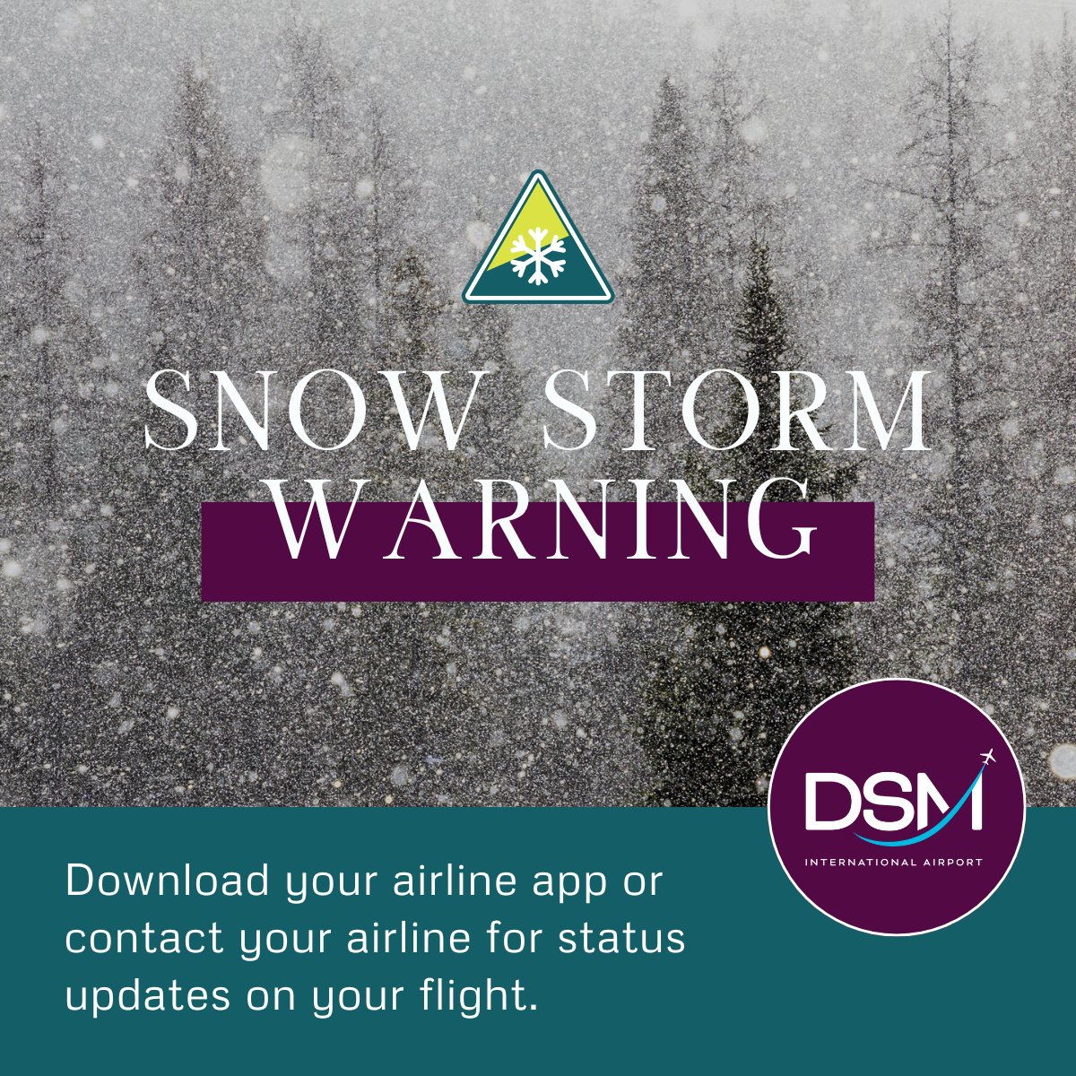 dsmairport's tweet image. Winter weather is moving into the DSM area Friday-early Sunday. Stay weather aware and contact your airline for updates on your flight. ❄️ 
#weatheraware #flydsm #snowops