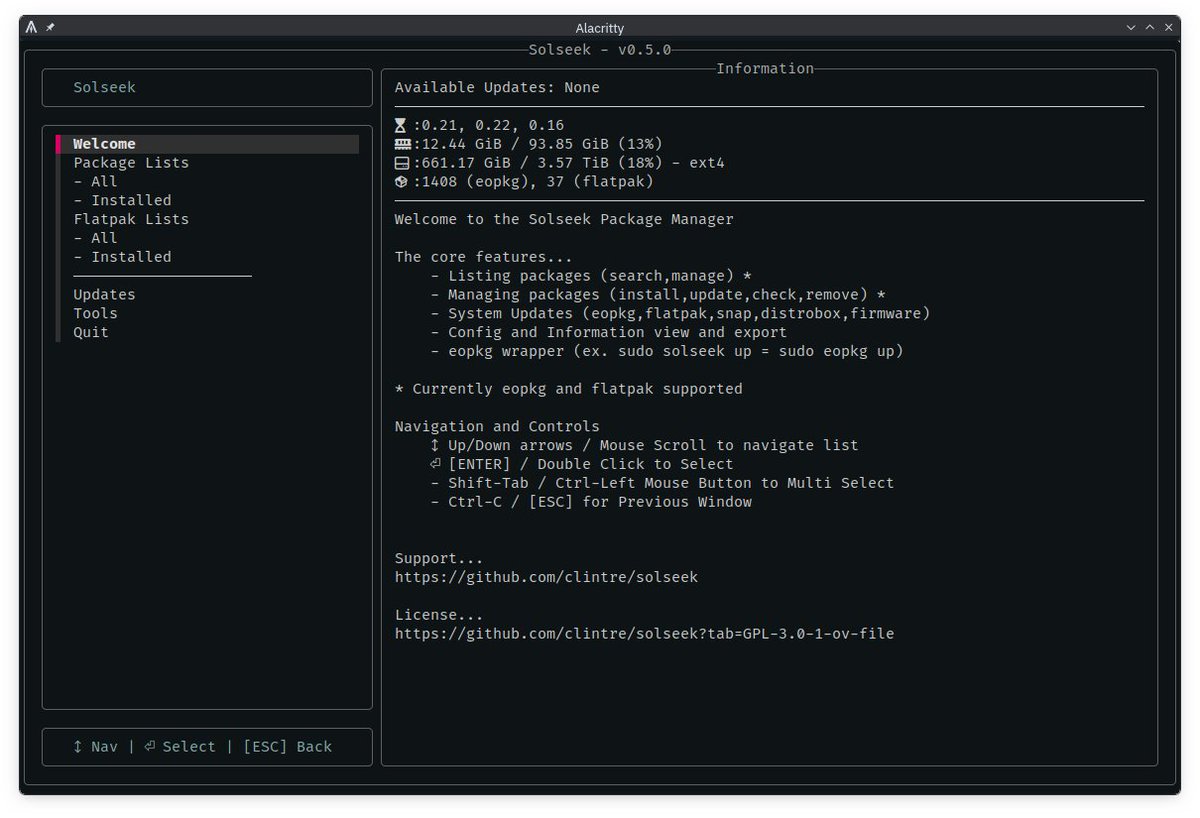Cretec75's tweet image. Solseek 0.5.1 Released 
Major backend changes as well as a much cleaner and intuitive menu. System update notifications are fully supported.  
What is Solseek? It is a TUI Package Manager for Solus. #Linux #FOSS #Solus

reddit.com/r/SolusProject…