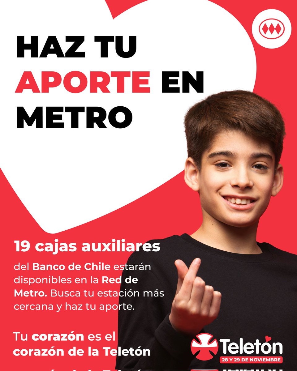 ¡Metro también es parte de la #Teletón2025!

Mañana tendremos habilitadas cajas auxiliares de <a href="/bancodechile/">Banco de Chile</a> en 19 estaciones de nuestra red desde las 09:00 hasta las 19:00 hrs.

🔴Línea 1: Pajaritos, Tobalaba, Manquehue, Los Dominicos.

🟡Línea 2: Lo Ovalle, Patronato, Vespucio