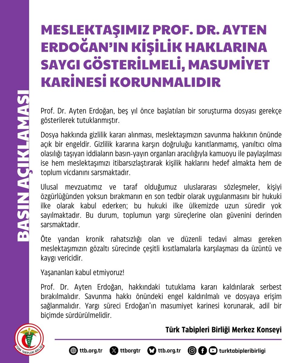 Meslektaşımız Prof. Dr. Ayten Erdoğan’ın Kişilik Haklarına Saygı Gösterilmeli, Masumiyet Karinesi Korunmalıdır

Prof. Dr. Ayten Erdoğan, beş yıl önce başlatılan bir soruşturma dosyası gerekçe gösterilerek tutuklanmıştır.

Dosya hakkında gizlilik kararı alınması, meslektaşımızın