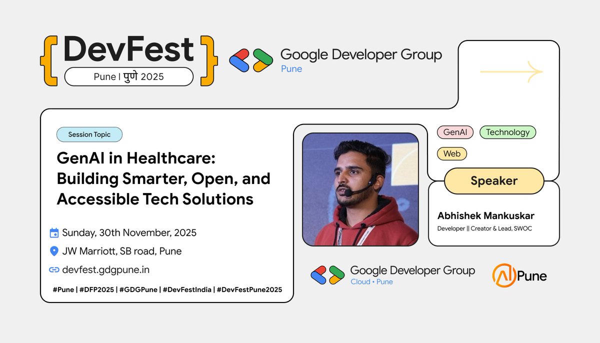 GDGPune's tweet photo. Hello everyone, brace yourselves!
We are thrilled to reveal our speaker at #DevFestPune2025 😍
✨ Abhishek Mankuskar ✨
Get ready to be inspired by his insightful and expert advice.⚡
For more details: https://t.co/52DfFqSUXo
#DevFestPune #DFP2025 #GDGPune #Devfest2025 https://t.co/0fZ1pZlS6W
