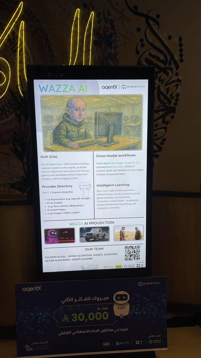 AiNaderr's tweet photo. فخور أشارككم حصول فريقنا WAZZA على المركز الثاني🥈🏆
في هاكاثون #agentx بتنظيم @QabasTech و @McitGovSa ضمن مسار الألعاب والترفيه وتحديدًا في تحدي تطوير الأصول البصرية برعاية @MerakCapital 

حاب اشكر التيم الرهيب على العمل الجماعي الي وصلنا الى منصة التتويج 🌟🫡 https://t.co/iJAGxbBduR