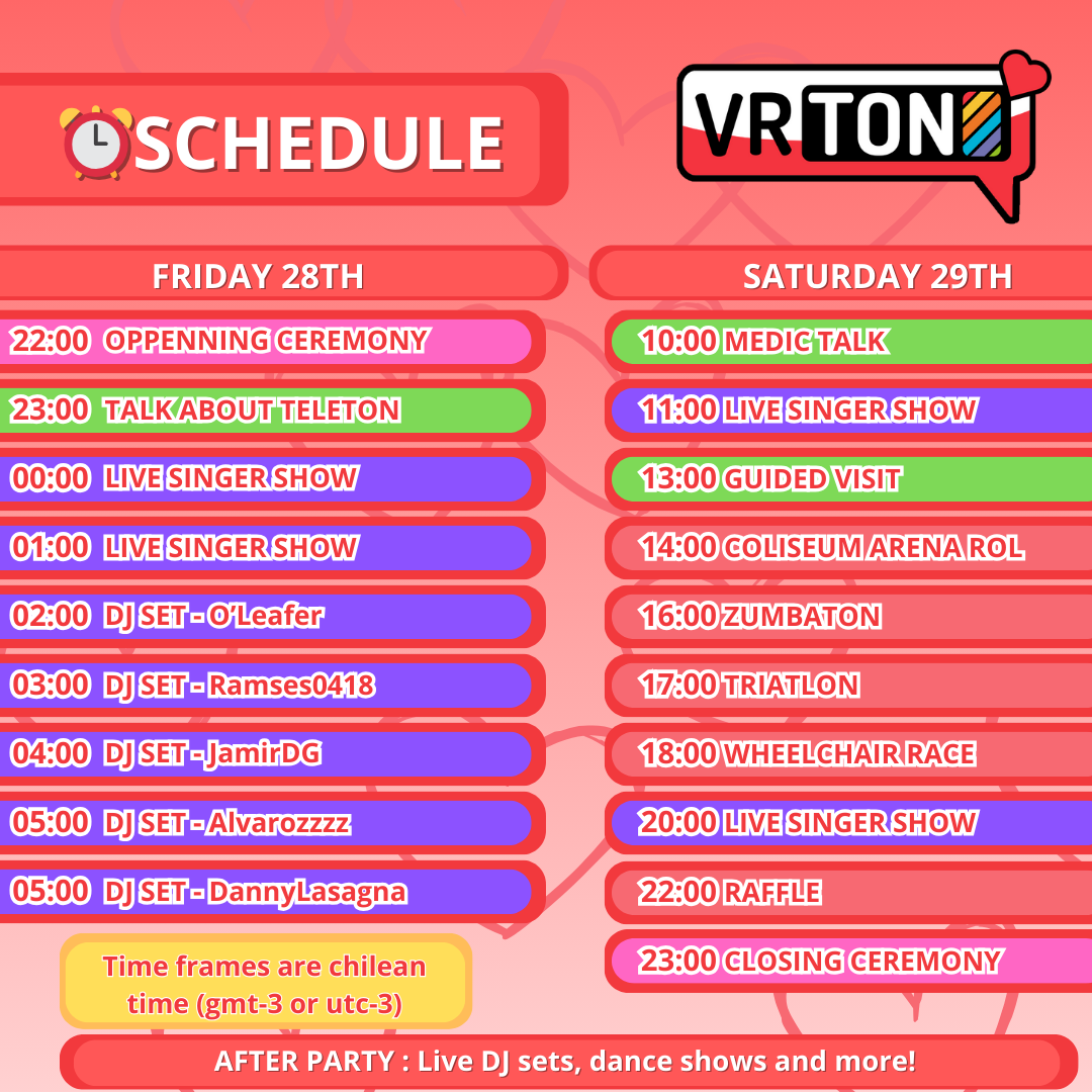 vrtonof's tweet photo. Revelamos el itinerario de hoy y mañana para que no se pierdan de todo lo que pasará en cada momento a cada hora.  
We're revealing today's and tomorrow's schedule so you don't miss anything that will happen at every moment, every hour.

 #VRTon #VRTon2025 #TeletónChile #VRChat https://t.co/RmfhUD5ldd