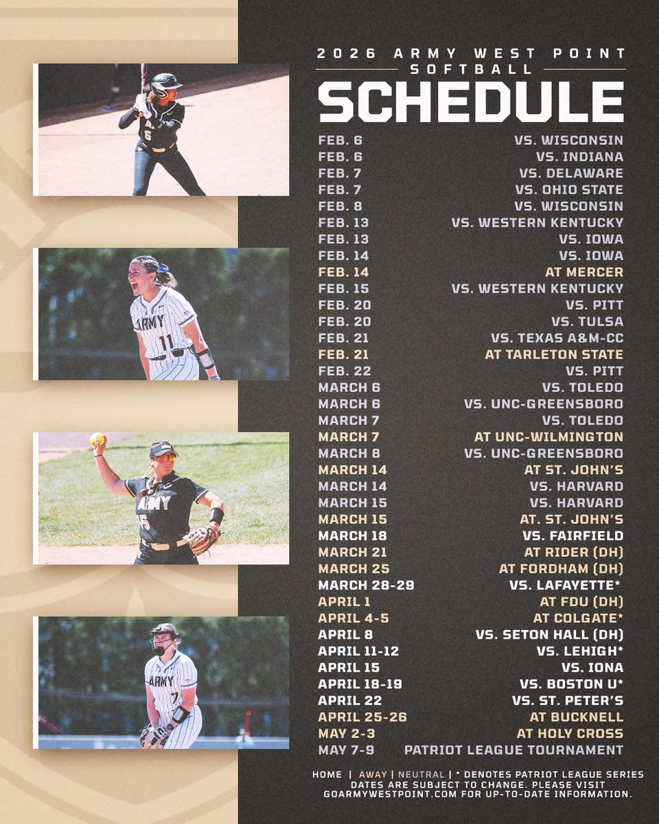 ArmyWP_Softball's tweet image. 🚨𝐓𝐇𝐄 2️⃣0️⃣2️⃣6️⃣ 𝐒𝐂𝐇𝐄𝐃𝐔𝐋𝐄 𝐈𝐒 𝐇𝐄𝐑𝐄🚨

What matchup do you have circled on your calendar? We’ll see you soon‼️🤩

#GoArmy