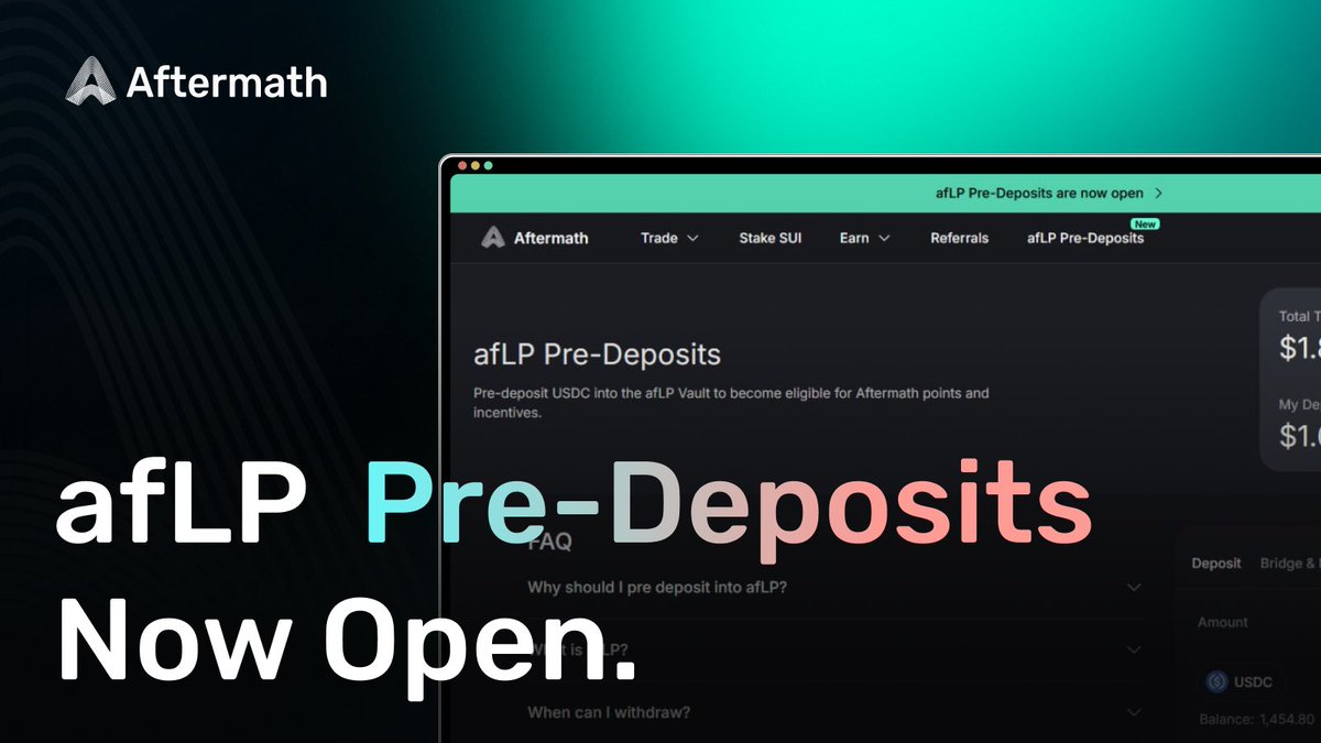 AftermathFi's tweet image. 1/ afLP deposits are now open! Deposit USDC now to become eligible for Aftermath points and incentives ahead of our Perps mainnet launch. 

aftermath.finance/af-lp-pre-depo…