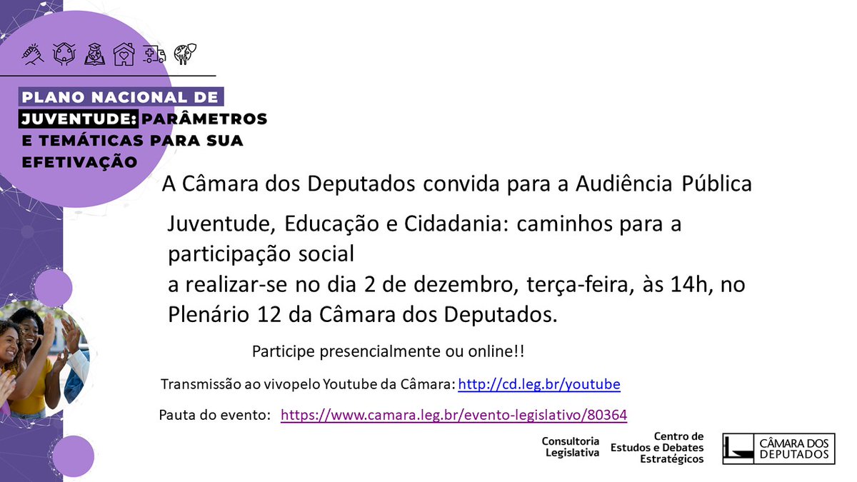 Participe presencialmente ou online!!
Transmissão ao vivopelo Youtube da Câmara: cd.leg.br/youtube
Pauta do evento: camara.leg.br/evento-legisla…