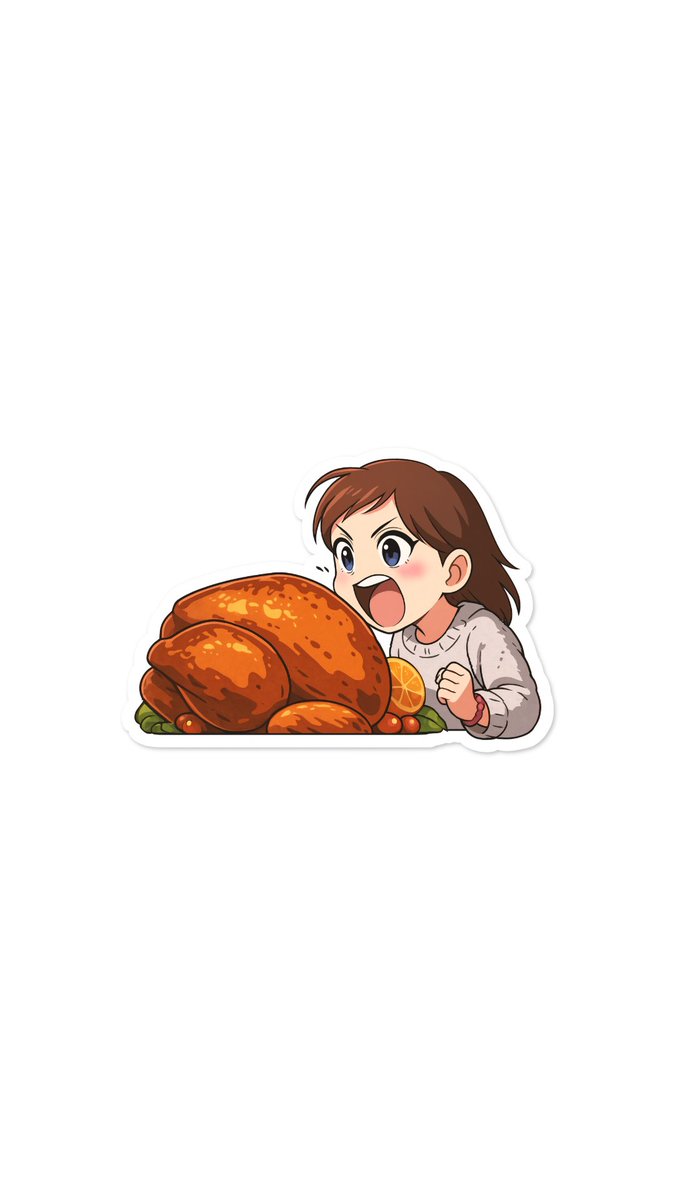 stickeranything's tweet image. Current mood: Absolutely feral for this leftover turkey!

#StickerAnything #Anime #Thanksgiving #leftovers #Stickers