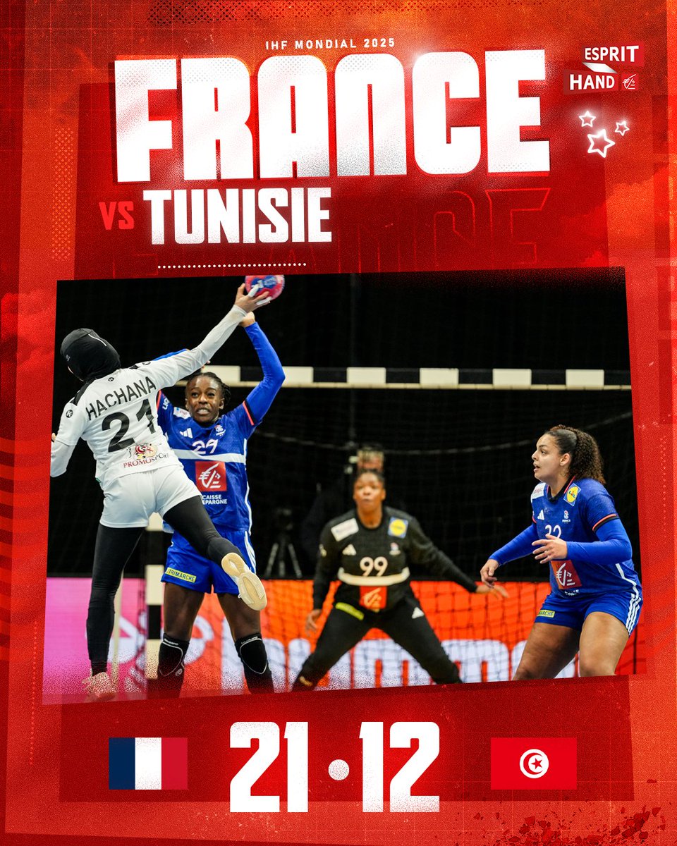 EspritHandball's tweet photo. C'est la mi-temps !
Les Bleues ont pris le dessus sur la Tunisie et font course en tรชte ๐ช๐ซ๐ท
#FRATUN #EspritHandball https://t.co/cpULmSIi0T