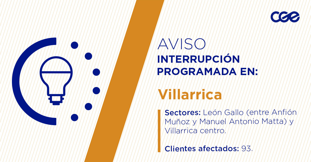 CGE_Clientes's tweet image. Para mejorar la calidad del suministro de nuestros clientes de #Villarrica, este sábado, entre 09:00 y 14:00 horas, se realizará una #InterrupciónProgramada (sectores en la imagen 👇) debido a trabajos de mejoras. Esto afectará a 93 clientes. Recuerda desconectar tus artefactos…