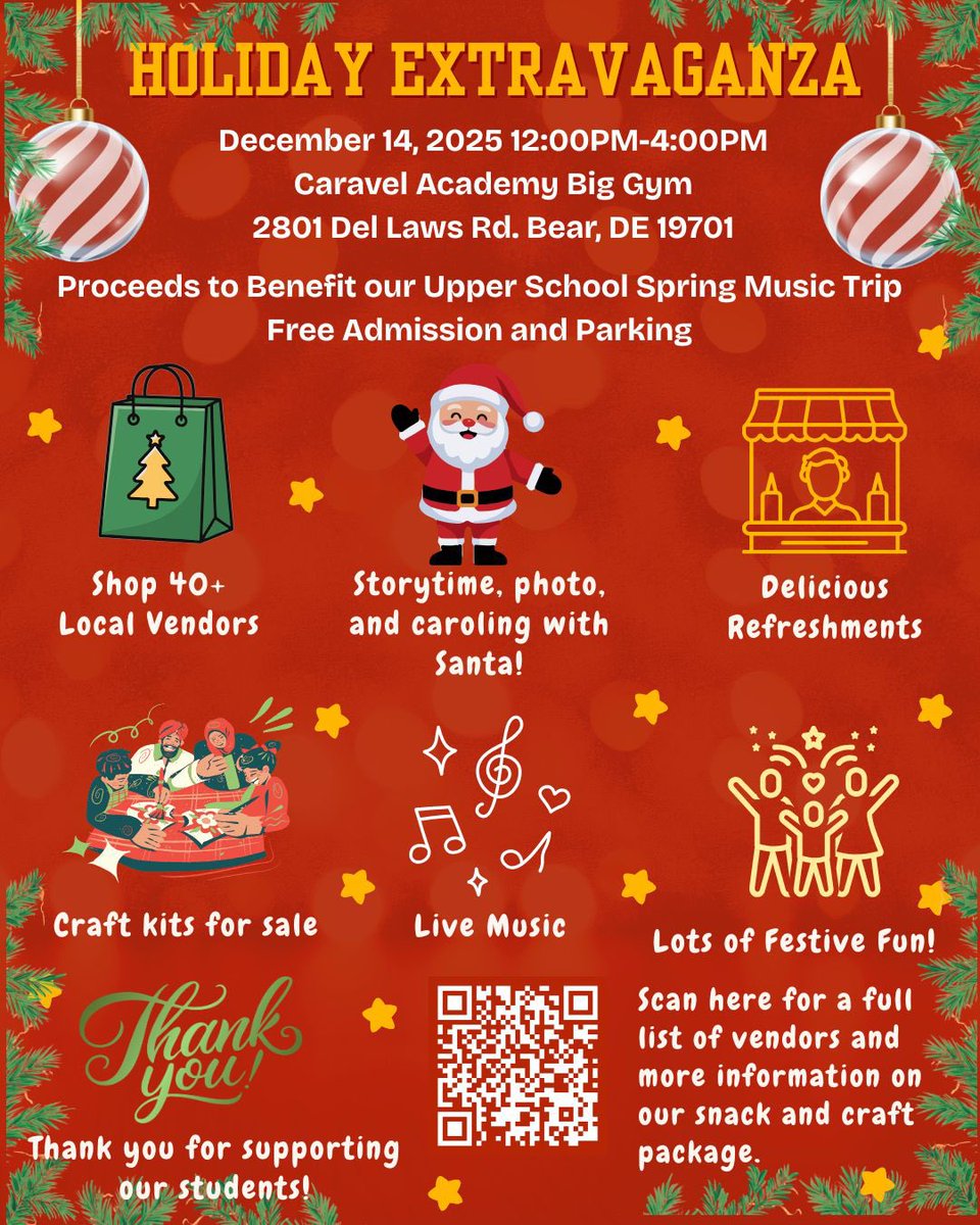 CaravelAcademy's tweet image. Holiday Extravaganza – December 14th, 12:00–4:00 PM in the Big Gym!

Join us for a festive afternoon filled with 40+ local vendors, live music, caroling, and a FREE photo with Santa! It’s the perfect way to shop local, enjoy the season, and support our students. #caravelmusic