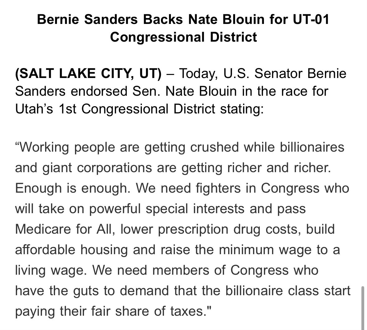 👀 Endorsement alert: <a href="/BernieSanders/">Bernie Sanders</a> has endorsed <a href="/NateForUtah/">Nate Blouin</a> for Utah’s new 1st District seat, per release from Blouin’s campaign

Gives a peek into the campaign Blouin wants to run in this safe-blue seat