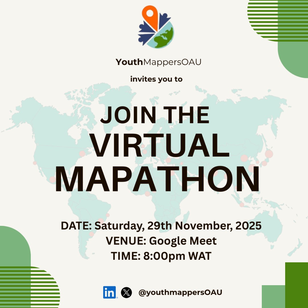 YouthmappersOAU's tweet image. #MAPATHON ALERT! 🚨

@YouthmappersOAU&apos;s first #Mapathon is TOMORROW! 

In less than 24 hours, join us to learn essential skills for #HumanitarianMapping:
✅ OpenStreetMap (OSM)
✅ HOT Tasking Manager
✅ iD Editor