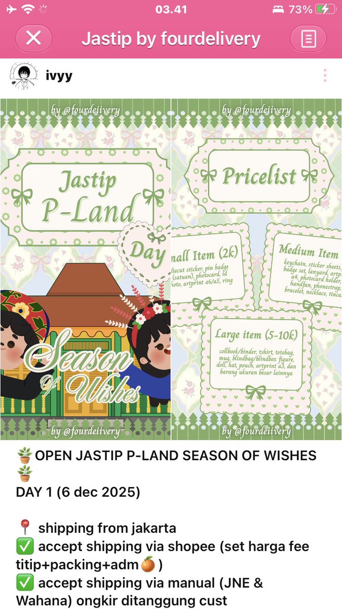 lvypage's tweet photo. 🎎OPEN JASTIP P-LAND SEASON OF WISHES SOW🎎 @plandartmarket 

📆 6 DEC 2025 (DAY 1 ONLY)
✅ live shopping (line group)
✅ accept all tenants &amp; pick up pre-order item
📍 shipping from jkt

link grup line : https://t.co/dlbuAyBWPi https://t.co/r02rBgYsF1