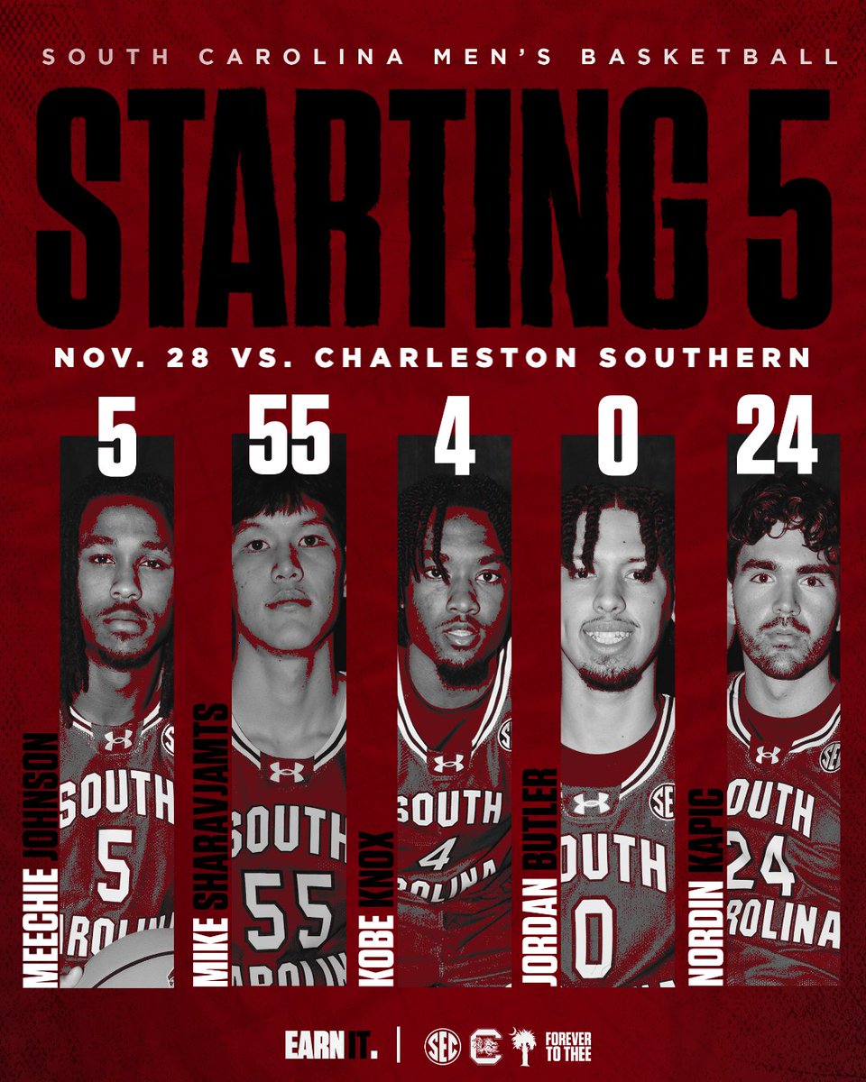 GamecockMBB's tweet image. The game seven first 🖐️

5️⃣ » @MeechieJohnson0
4️⃣ » @Kknox02
5️⃣5️⃣ » @mongolshark
0️⃣ » Jordan Butler 
2️⃣4️⃣ » @KapicNordin 

#Gamecocks🐔🏀 // #EarnIt