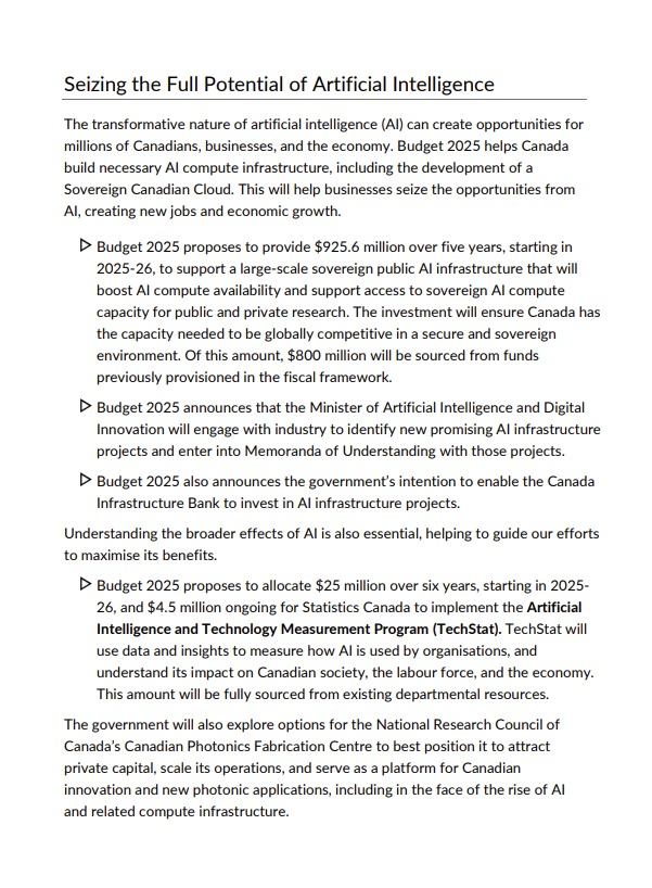 LeslynLewis's tweet image. Budget 2025 quietly rewrites what “infrastructure” means in Canada.

It expands the Canada Infrastructure Bank, and other federal initiatives, beyond physical projects into:

* AI compute systems
* A Sovereign Canadian Cloud
* Government-wide digital decision tools
* National…