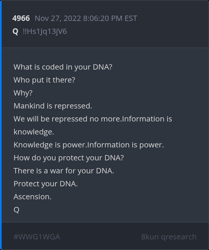 Q C The King Wins
Q C We The People
Final War Precipice
The Ascension Event
Run Initialization Check And
Micronova Ascension 
The Gift Is Inside Of You
High Intelligence Individual 
Two Shall Be One
Its All About The True Bloodline 
We Are Peaceful 
No Escaping Judgement.