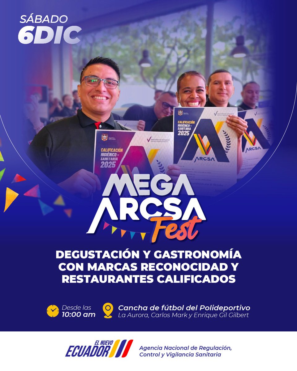 Arcsa_Ec's tweet photo. ¡Ven a degustar comida deliciosa y de calidad! 😋🍤

El #MegaArcsaFest de #Daule contará con la presencia de decenas de restaurantes que han recibido la Calificación Sanitaria 🅰️ de #Arcsa, y ofrecerán ricas y seguras degustaciones para ti. ¡No te lo pierdas!

#ElNuevoEcuador 🇪🇨 https://t.co/cnC8kToAnm