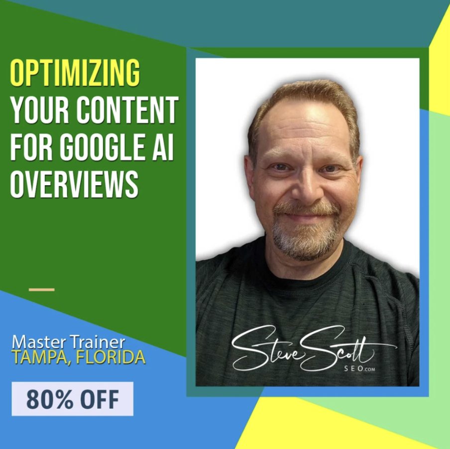 TampaSEOTrainer's tweet image. 🦃✨ Thanksgiving = family, food… and killer deals. This weekend, grab the AI Overviews Optimization Course for just $19.97! 

Learn to optimize content for Google’s AI Overviews and boost visibility fast. Don’t miss it 👉 SteveScottSEO.com 

#BlackFriday #CyberMonday #SEO