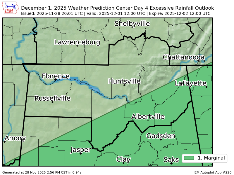 WPC issues Day 4 Marginal Risk Excessive Rainfall Outlook at Nov 28, 20:01z for HUN wpc.ncep.noaa.gov/qpf/excessive_…