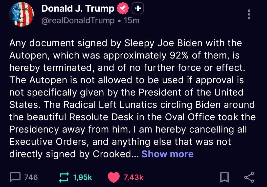 EvaHermanEx_ARD's tweet image. ‼️EILMELDUNG: US-Präsident @realDonaldTrump  annulliert mit SOFORTIGER Wirkung jedes Dokument, daß mit dem Autopen in Biden&apos;s Präsidentschaft unterschrieben wurde. “Jedes Dokument, das von Sleepy Joe Biden mit dem Autopen unterschrieben wurde, was ungefähr 92 % davon ausmachte,…