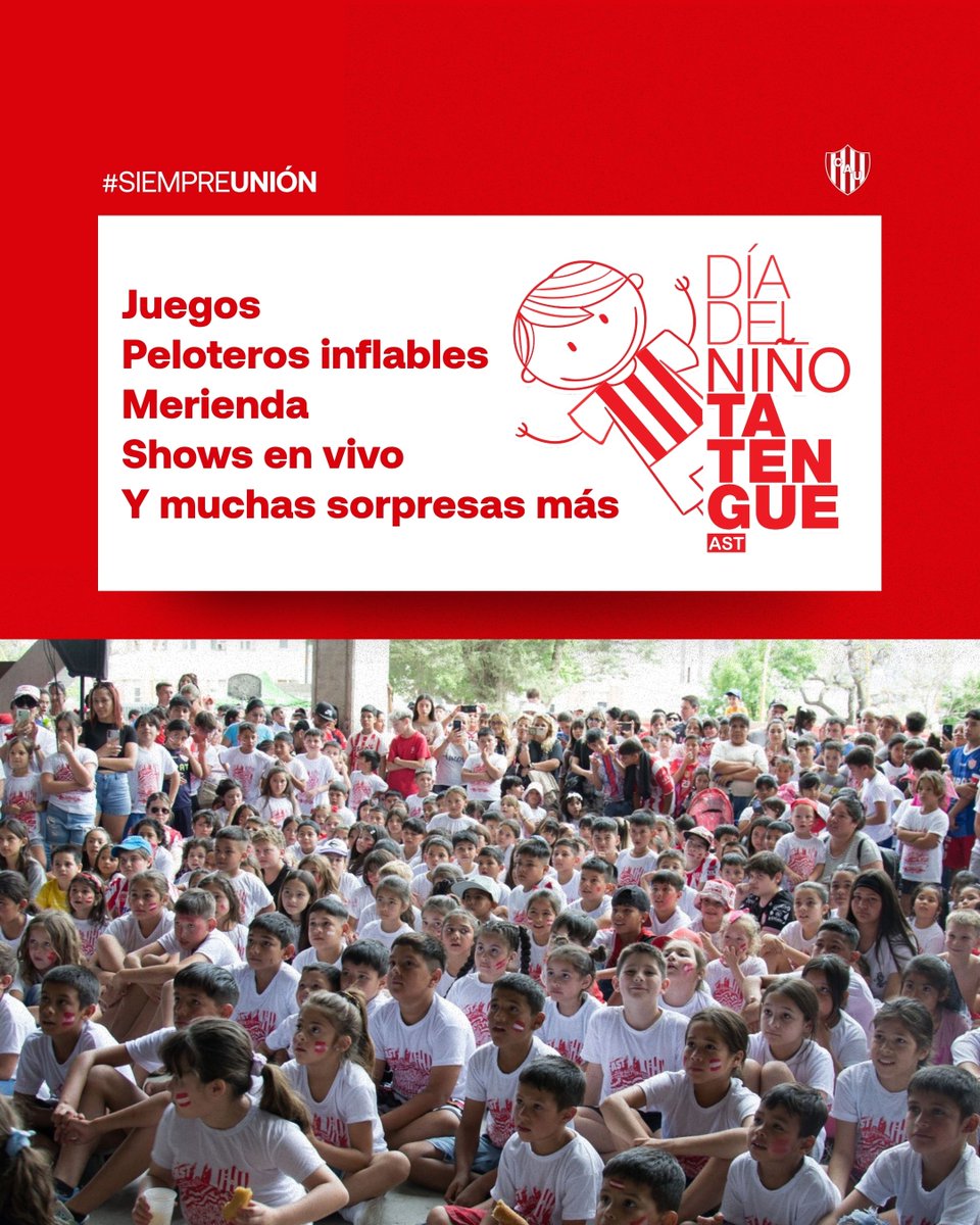 ¡Se viene una nueva edición del Día del Niño Tatengue! 🔴⚪

📍 Este domingo 30 de noviembre a las 17hs nos encontramos en el Playón Deportivo de nuestro club para vivir una tarde más que especial.
✨ Entrada libre y gratuita

🇦🇹 Unión es comunidad, contención y un lugar donde