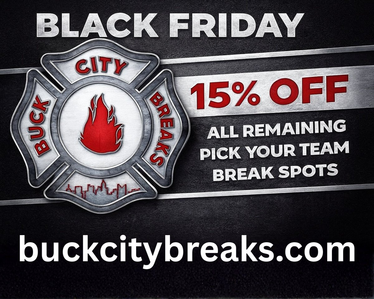 Time is running out on our Black Friday deal of 15% off all remaining Pick Your Team break spots on buckcitybreaks.com 😳

Head over to the site and score your spots while there's still time 🏃💨