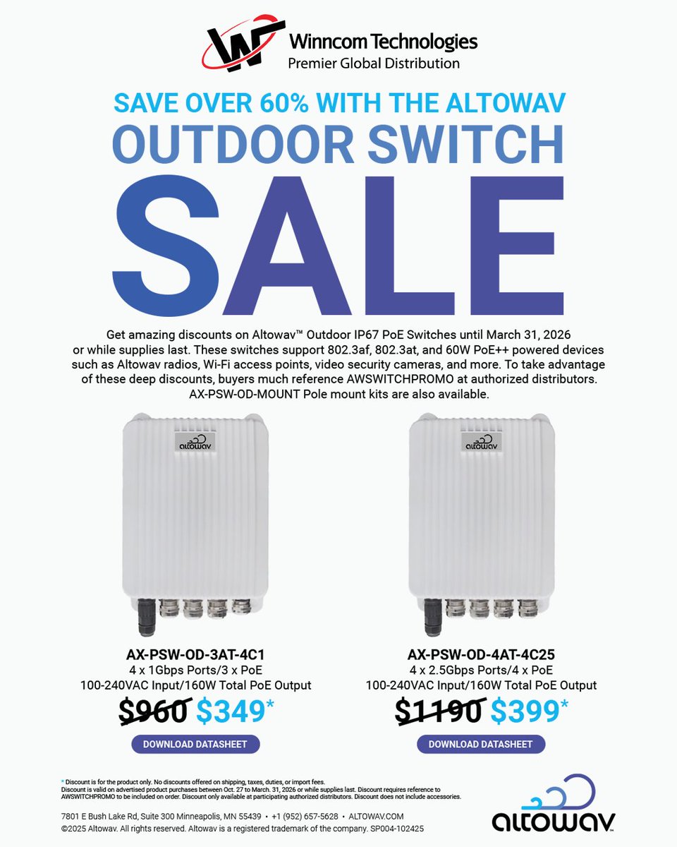 WinncomTech's tweet image. Save Over 60% on @Altowav Outdoor PoE Switches

These switches are built to thrive in harsh environments while powering Altowav radios, Wi-Fi APs, and video surveillance systems with ease. 

Promo Code: AWSWITCHPROMO 

Contact sales@winncom.com or click: ow.ly/EOIQ50Xor9K